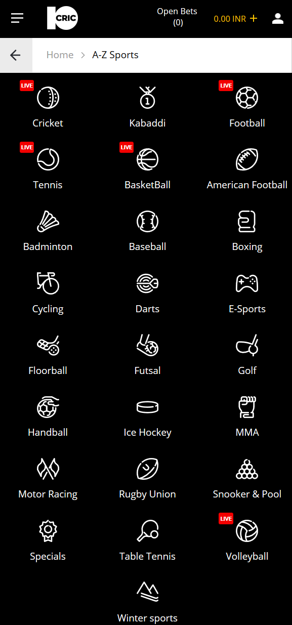Overview of the sportsbook section on mobile at 10CRIC