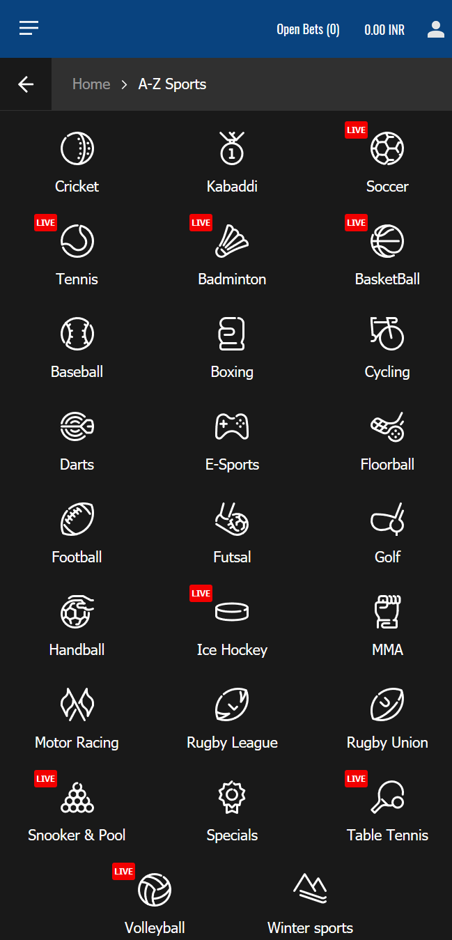 Overview of all available sports at JeetWin