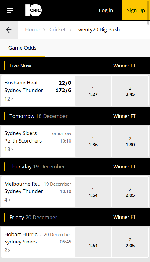 BBL odds at 10CRIC. Here you can make bets before the game starts and live bets during the game.
