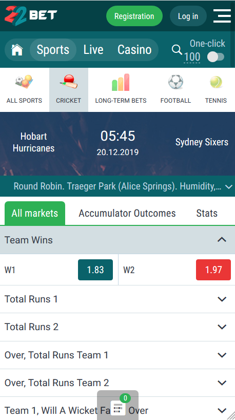 Showing odds between Hobart Hurricanes and Sydney Sixers in BBL at the cricket section at 22Bet