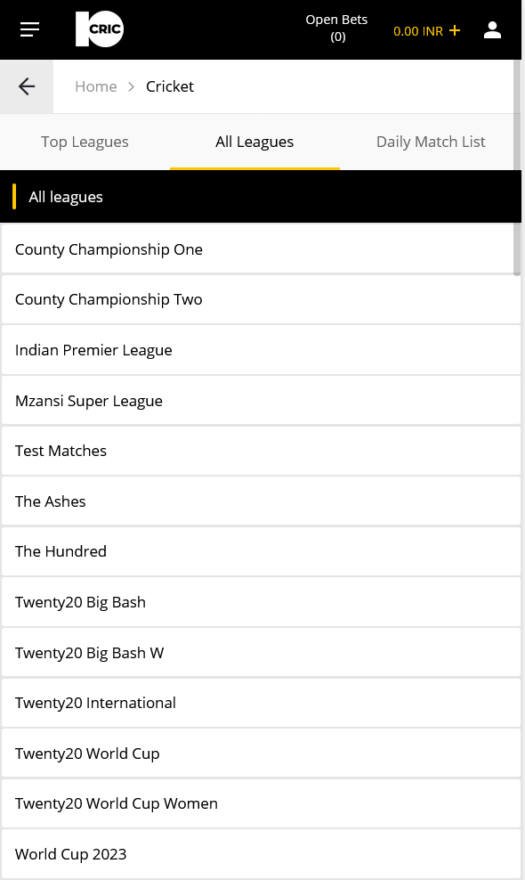 Picture of all the different Cricket Leagues you can bet on at 10CRIC