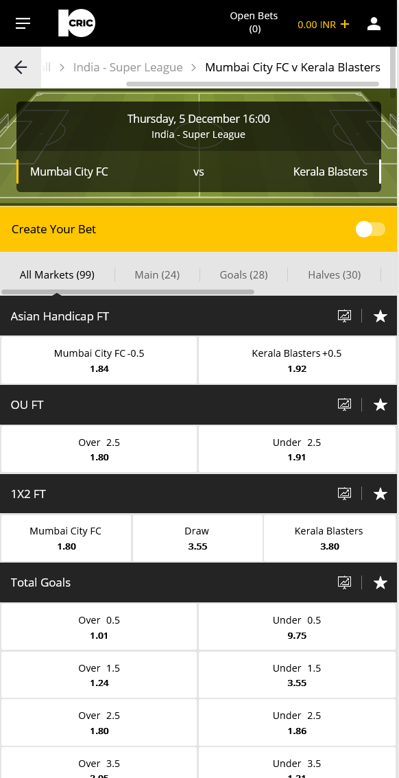 10CRIC odds market for the Indian Super League and Indian football in general