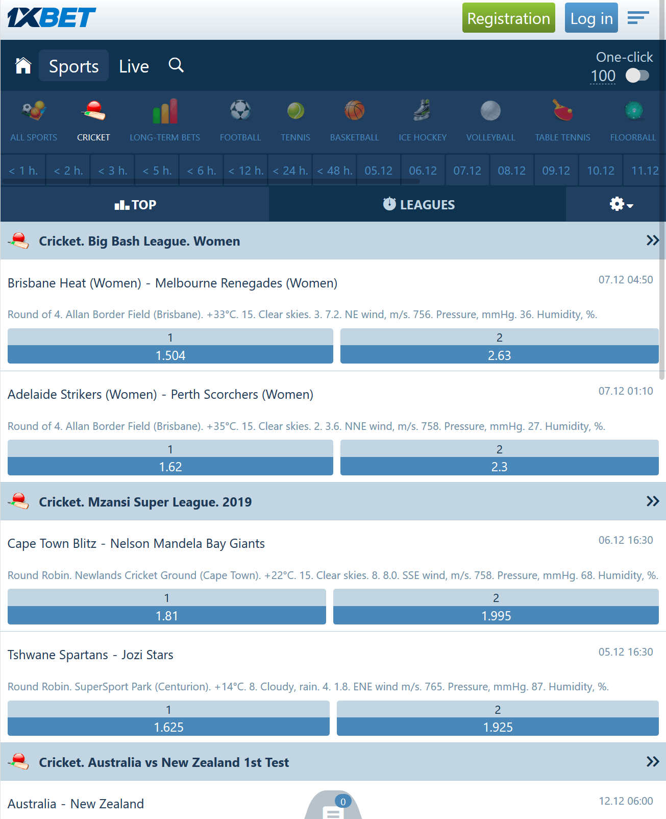 Picture of the odds section at 1xBet showing some different cirkcet betting markets.