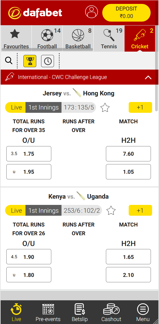 Picture showing odds on a live cricket game. Dafabet is offering live bet markets on almost any cricket game being played.