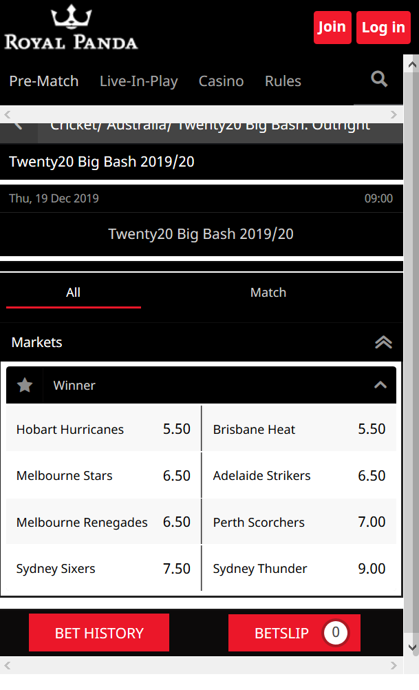 Longterm outright bet on who to win the Big Bash League 09 at Royal Panda
